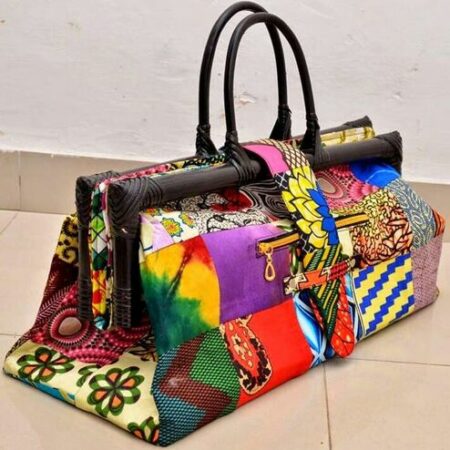 kitenge, leather and wooden travel bag for men
