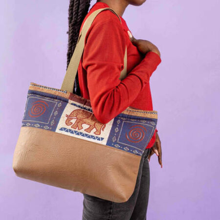 Authentic Leather Afri Tote Bag with Ankara Strip